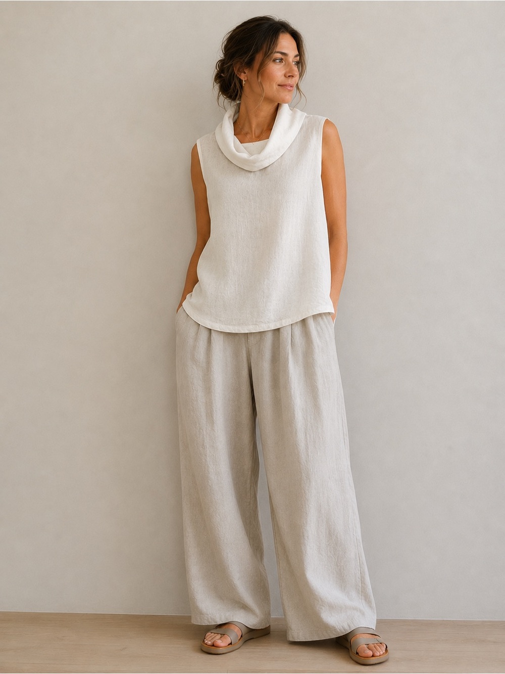 Bryn Walker Ivory Linen Cowl Neck Oversized Tank Top